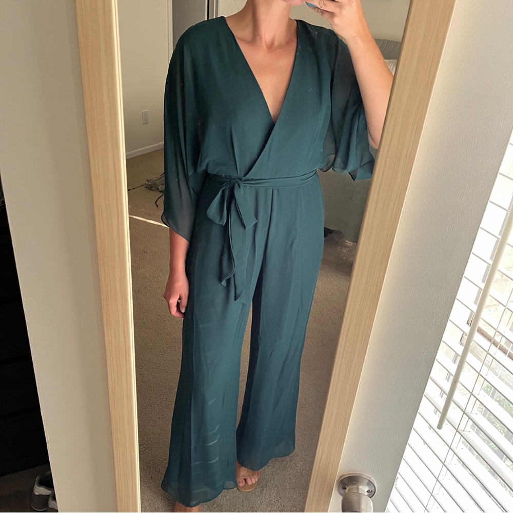 Green Jumpsuit with Wrap V-Neck and Kimono Sleeves